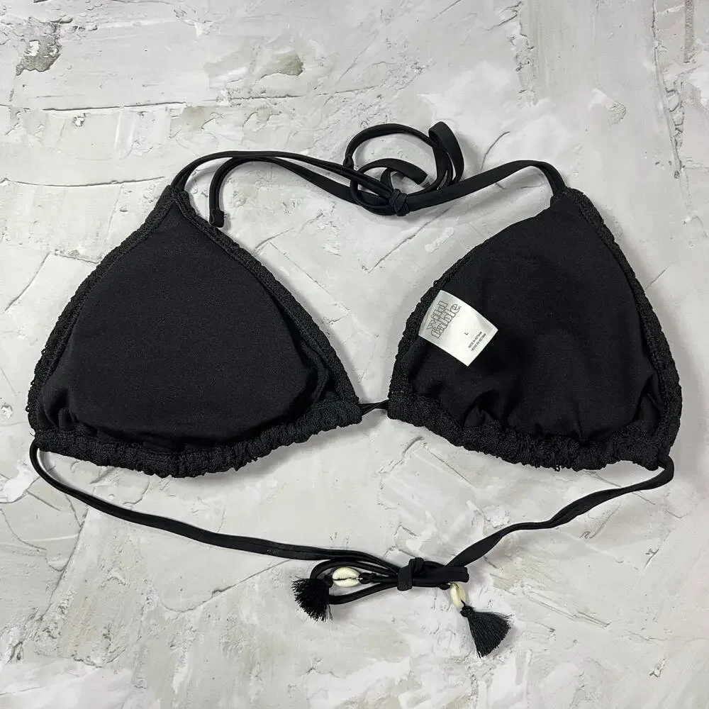 Wild Fable Black Crochet Triangle Bikini Top Size L Tassel Shell Swim Top NWOT